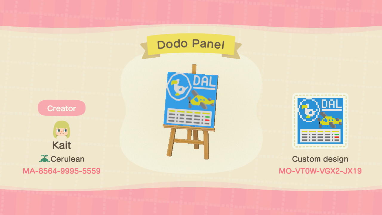 Animal Crossing Design Code: MO-VT0W-VGX2-JX19 Dodo Panel