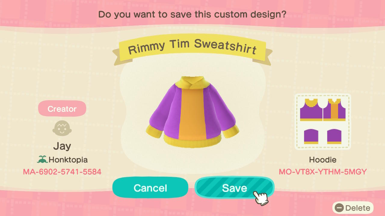 Animal Crossing Design Code: MO-VT8X-YTHM-5MGY Rimmy Tim Sweatshirt