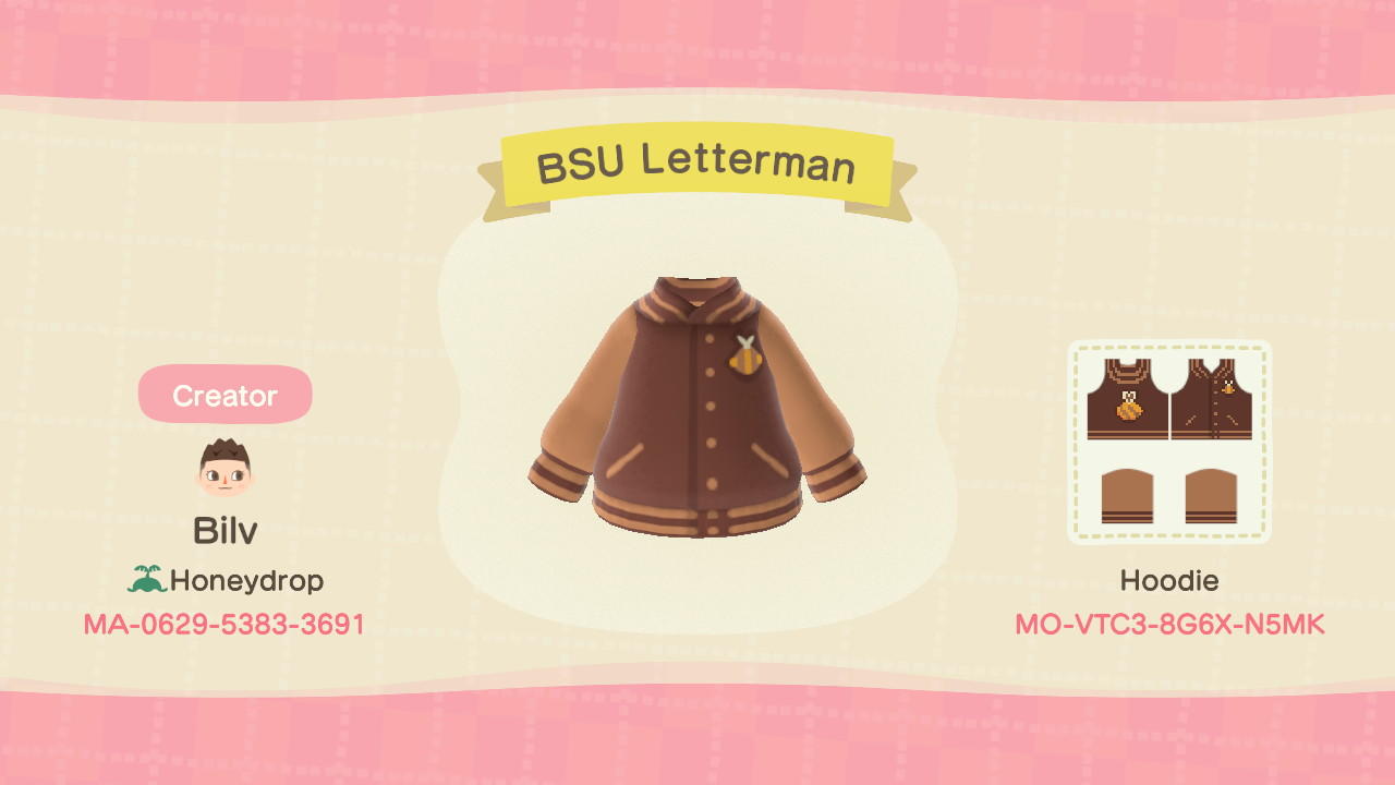 Animal Crossing Design Code: MO-VTC3-8G6X-N5MK BSU Letterman