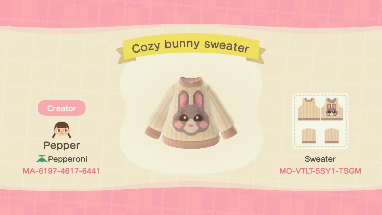 Animal Crossing Design Code: MO-VTLT-SSY1-TSGM Cozy Bunny Sweater