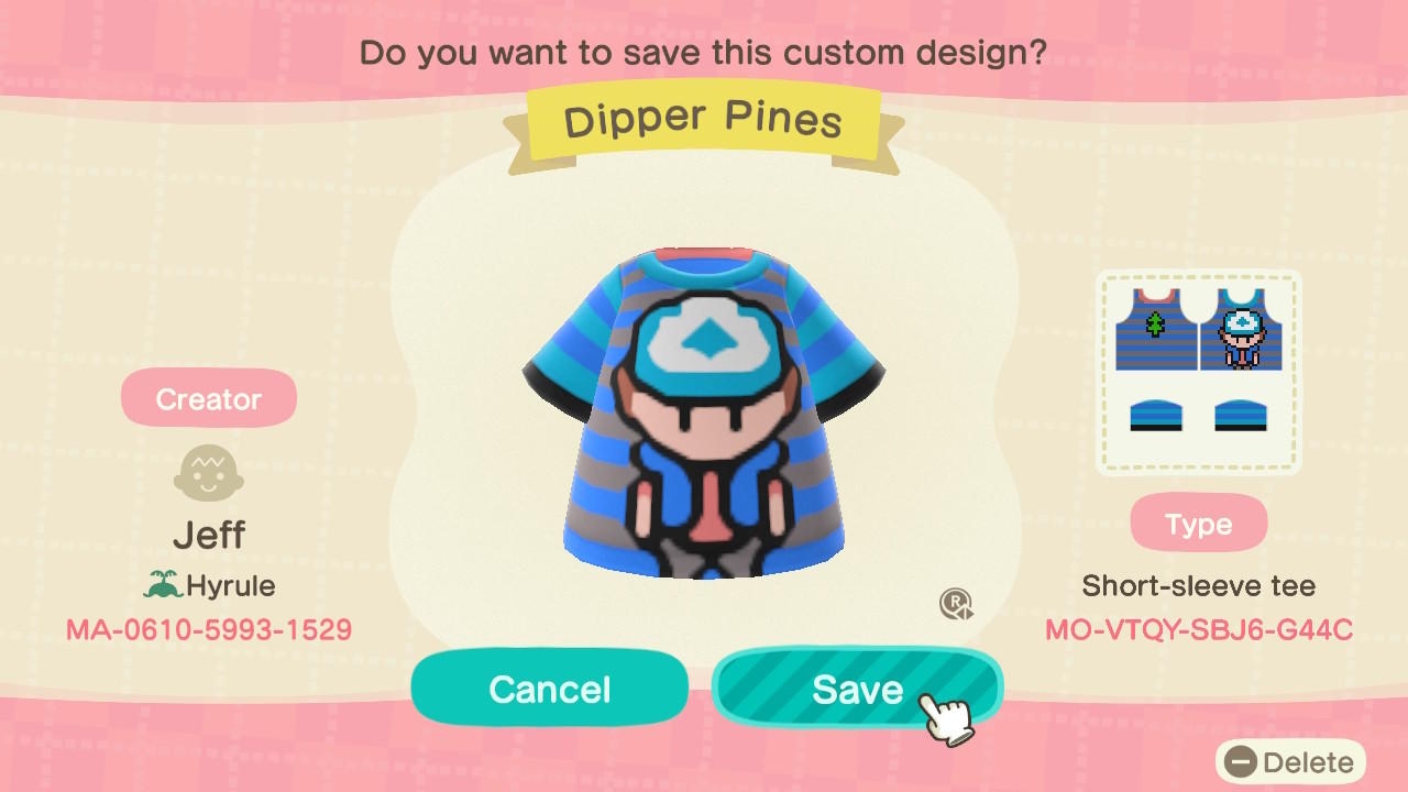 Animal Crossing Design Code: MO-VTQY-SBJ6-G44C Dipper Pines