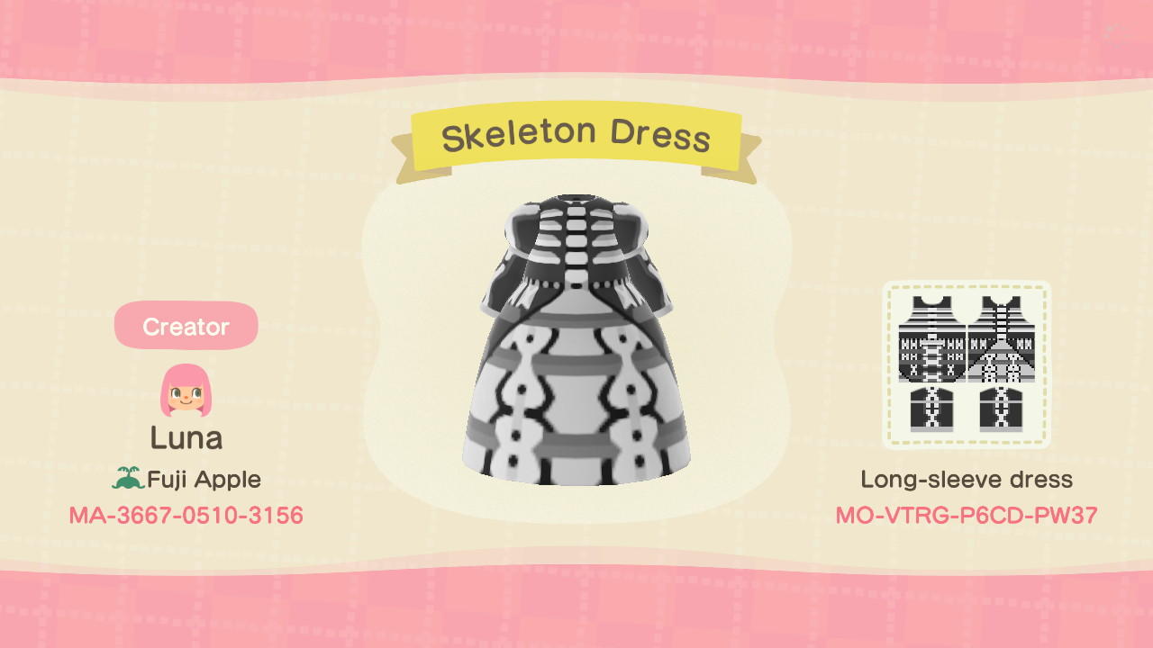 Animal Crossing Design Code: MO-VTRG-P6CD-PW37 Skeleton Dress