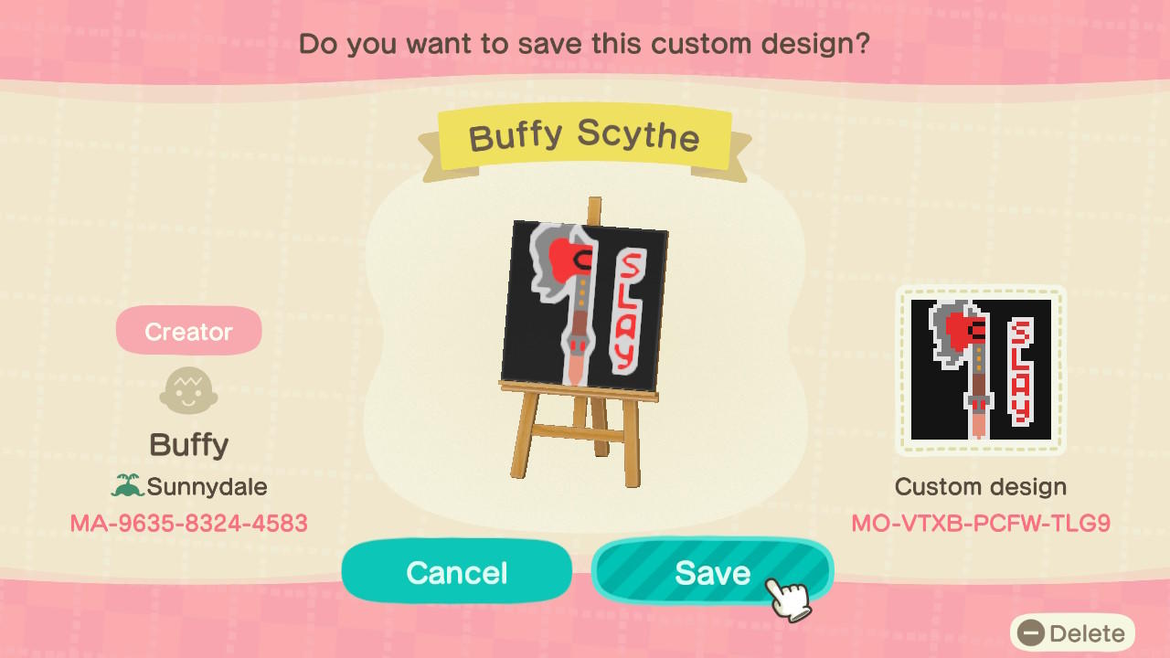 Animal Crossing Design Code: MO-VTXB-PCFW-TLG9 Buffy Scythe