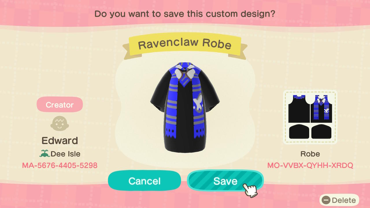 Animal Crossing Design Code: MO-VVBX-QYHH-XRDQ Ravenclaw Robe