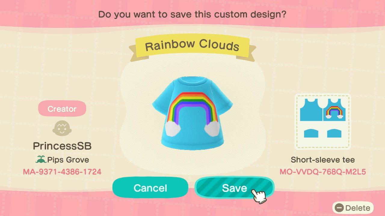 Animal Crossing Design Code: MO-VVDQ-768Q-M2L5 Rainbow Clouds Tee