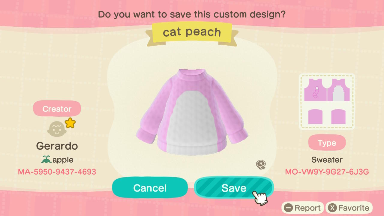 Animal Crossing Design Code: MO-VW9Y-9G27-6J3G Cat Peach