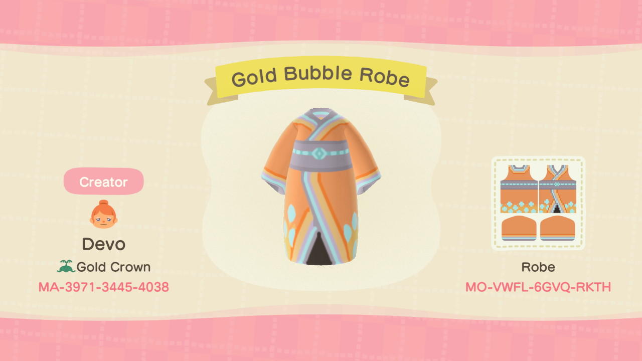 Animal Crossing Design Code: MO-VWFL-6GVQ-RKTH Gold Bubble Robe