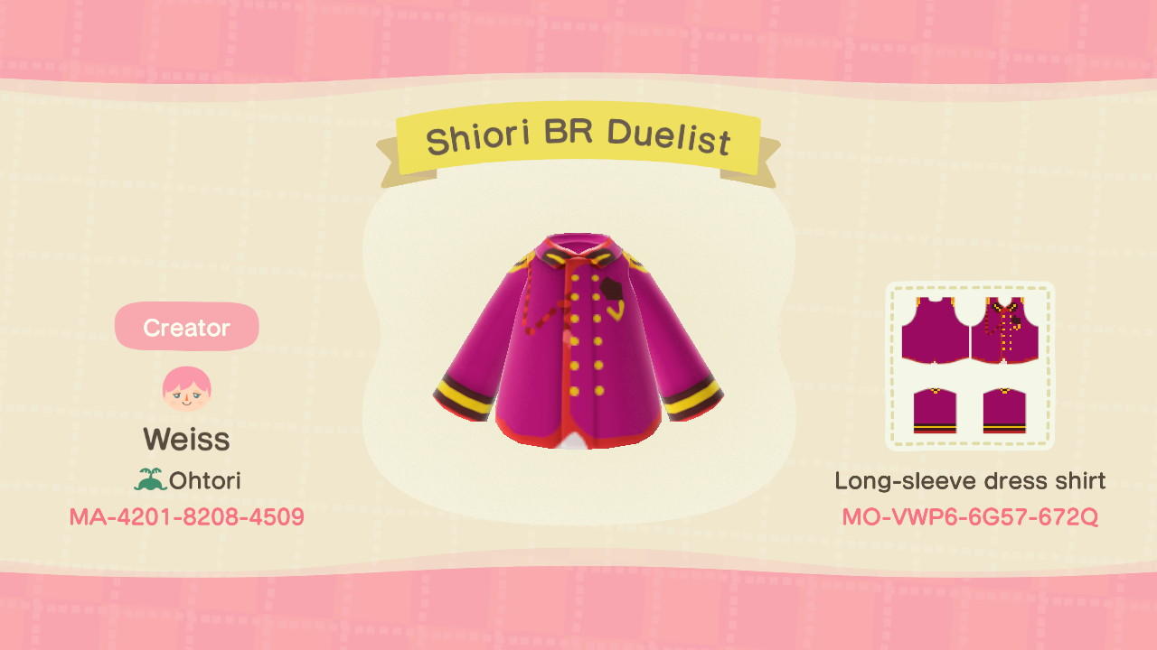 Animal Crossing Design Code: MO-VWP6-6G57-672Q Shiori BR Duelist