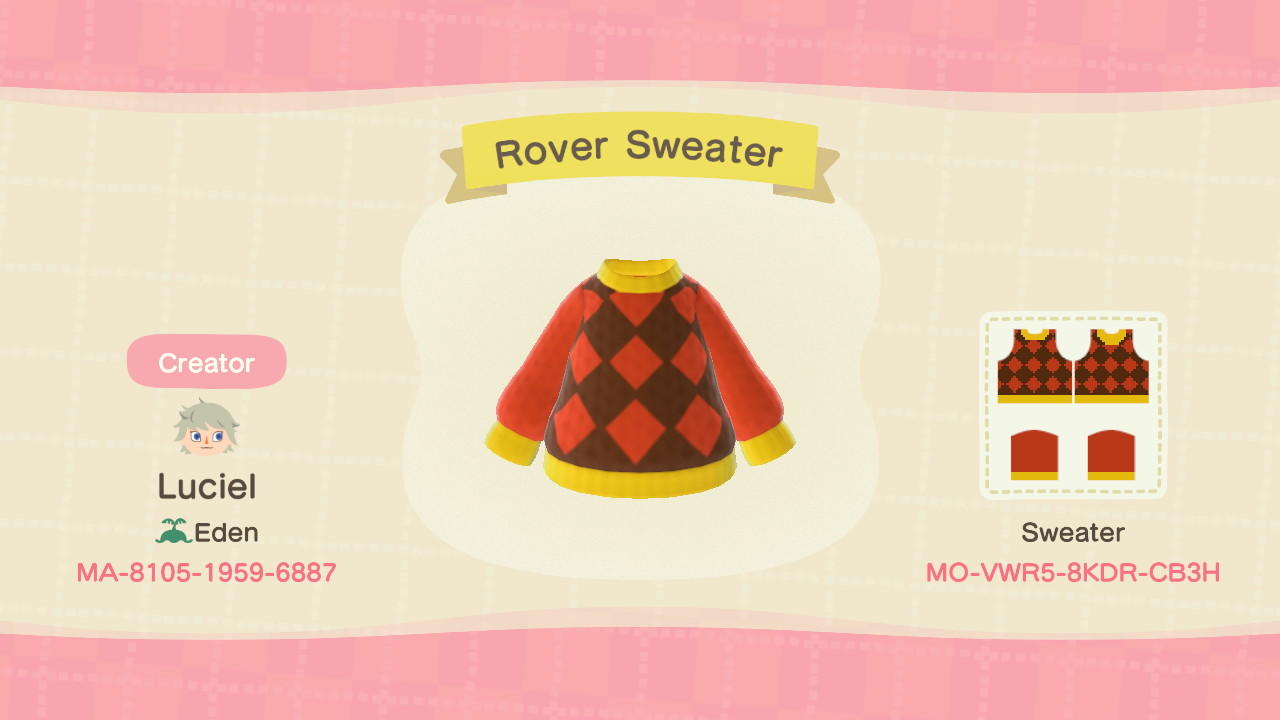 Animal Crossing Design Code: MO-VWR5-8KDR-CB3H Rover Sweater