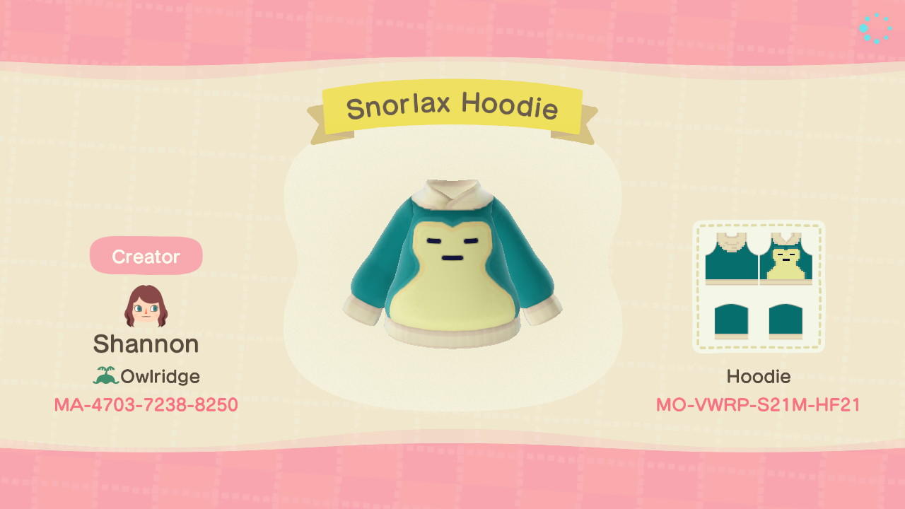 Animal Crossing Design Code: MO-VWRP-S21M-HF21 Snorlax Hoodie