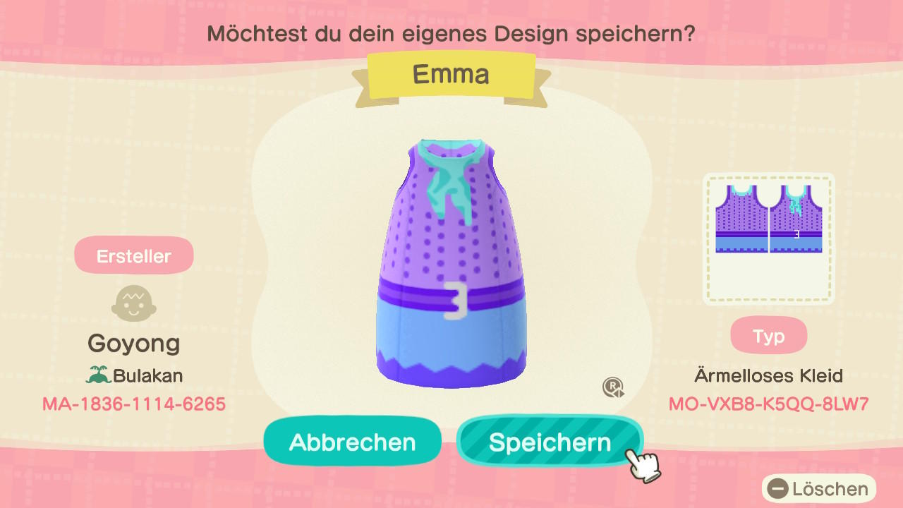 Animal Crossing Design Code: MO-VXB8-K5QQ-8LW7 Emma