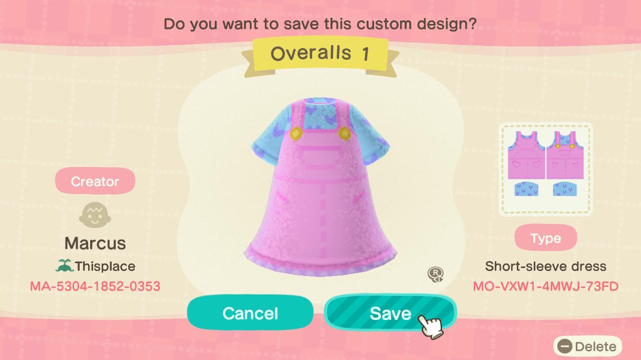 Animal Crossing Design Code: MO-VXW1-4MWJ-73FD Overalls 1