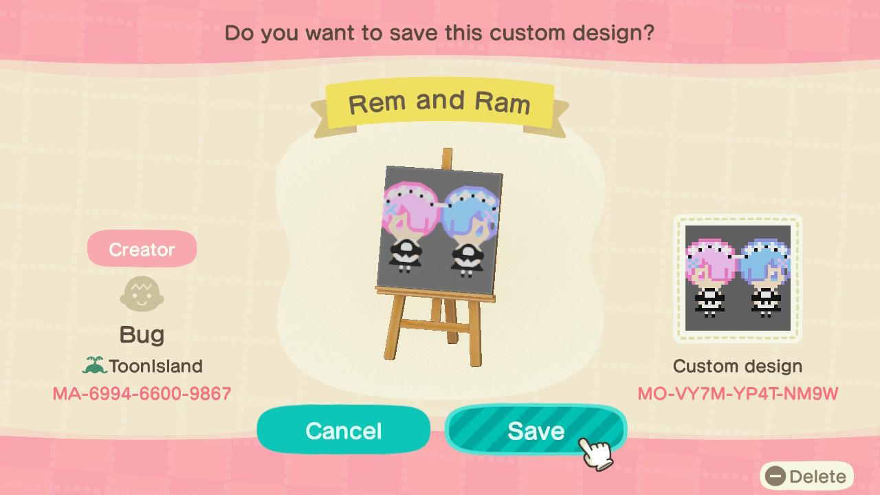 Animal Crossing Design Code: MO-VY7M-YP4T-NM9W Rem and Ram