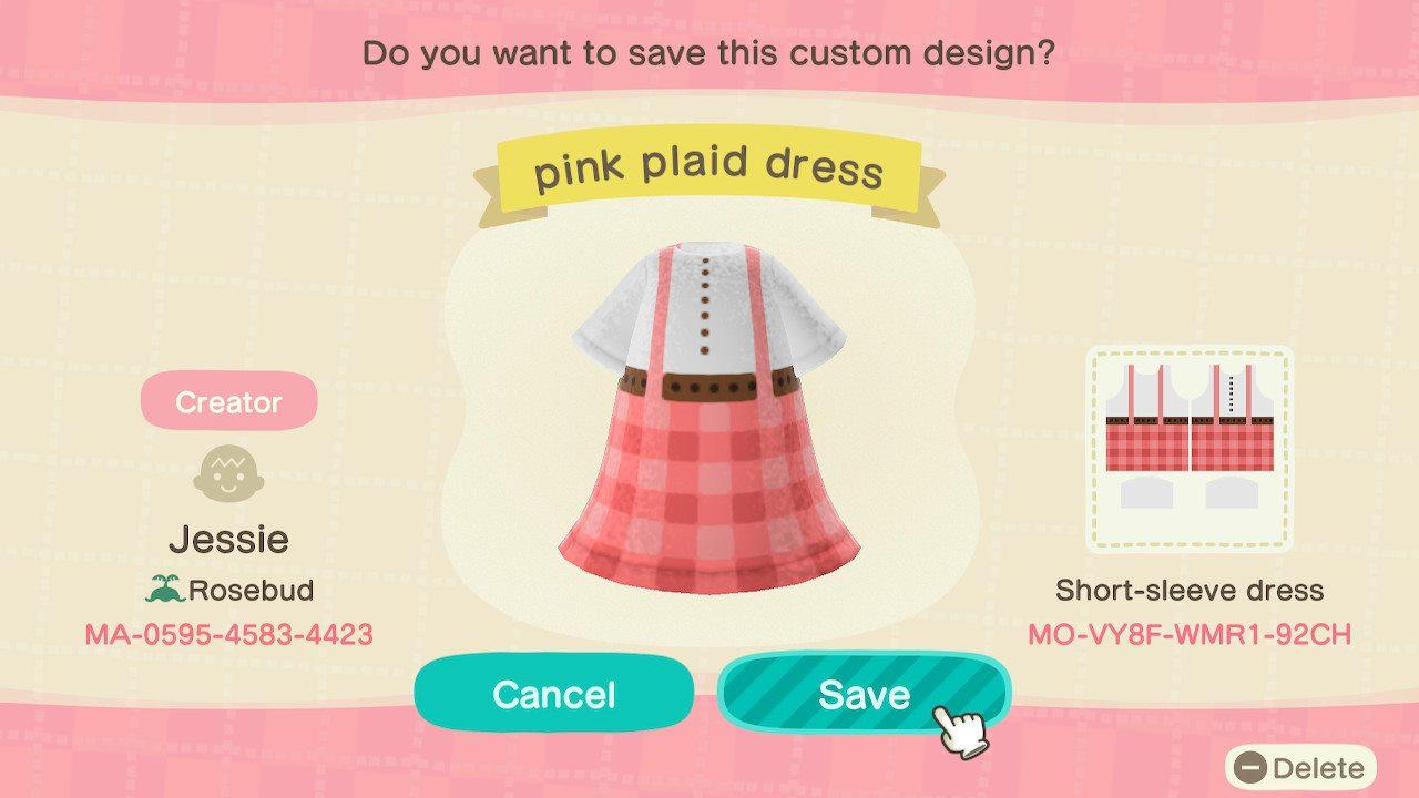 Animal Crossing Design Code: MO-VY8F-WMR1-92CH pink plaid dress