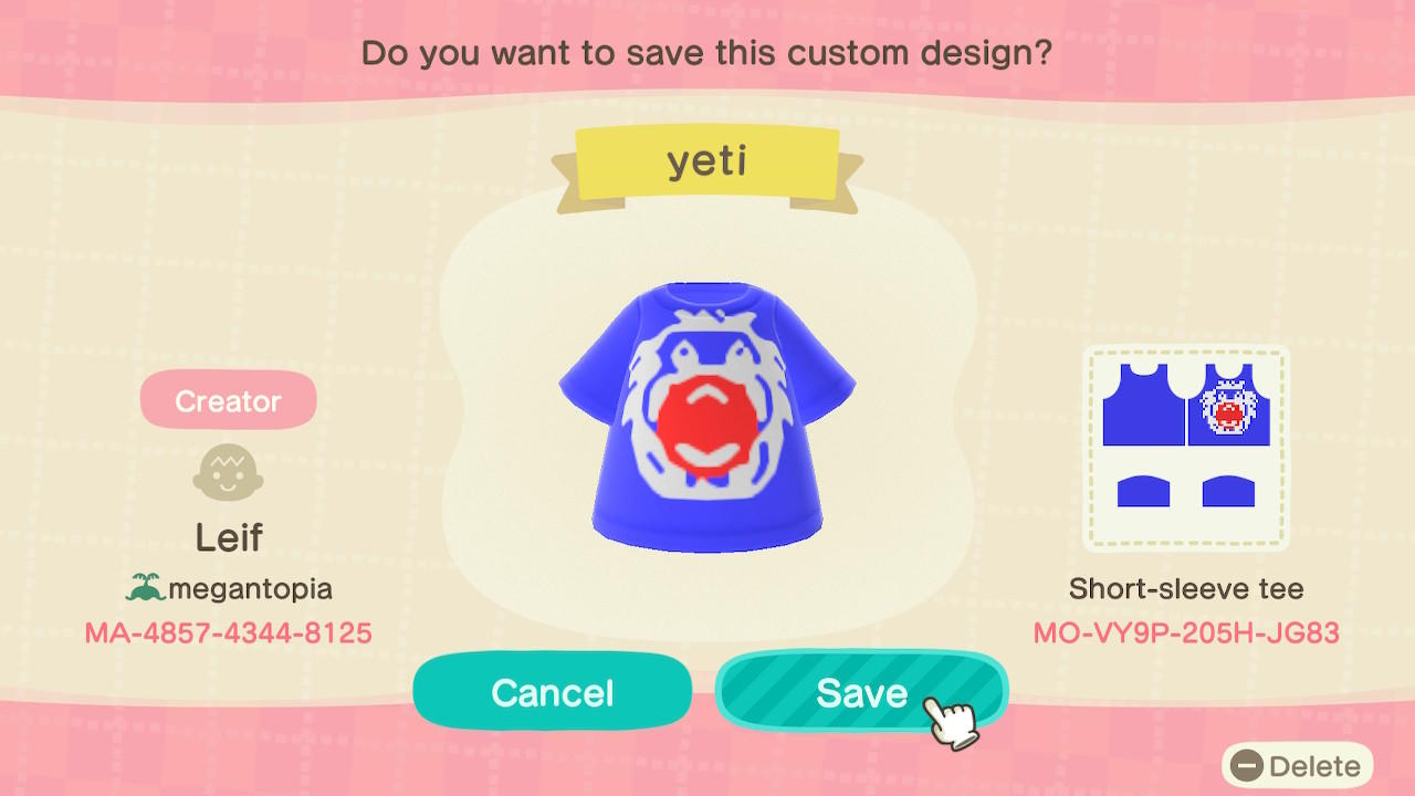 Animal Crossing Design Code: MO-VY9P-205H-JG83 Yeti