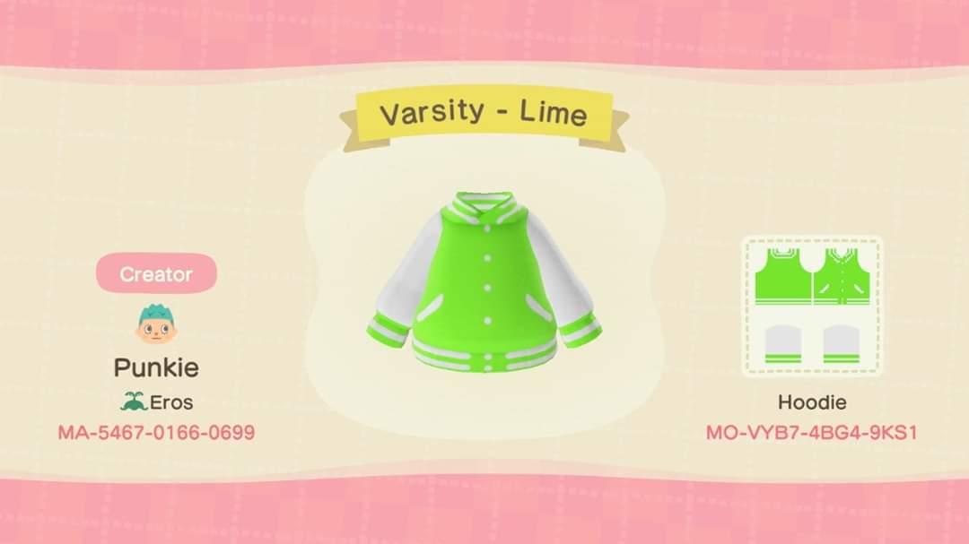 Animal Crossing Design Code: MO-VYB7-4BG4-9KS1 Varsity - Lime