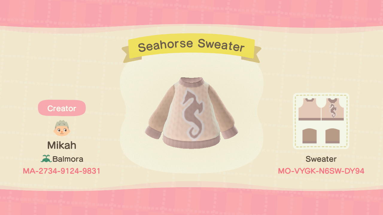 Animal Crossing Design Code: MO-VYGK-N6SW-DY94 Seahorse Sweater