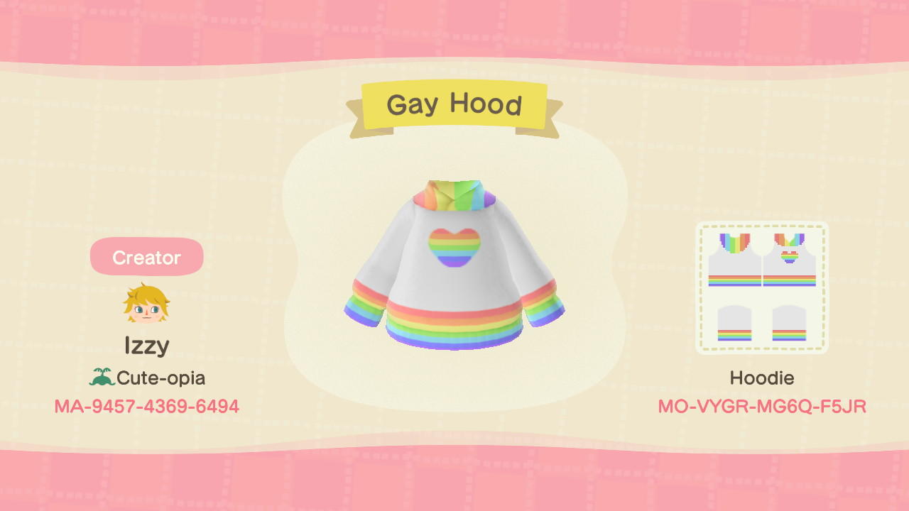 Animal Crossing Design Code: MO-VYGR-MG6Q-F5JR Gay Hood