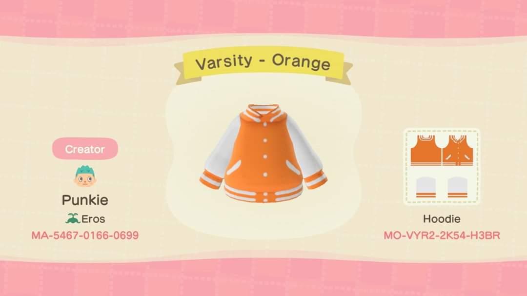 Animal Crossing Design Code: MO-VYR2-2K54-H3BR Varsity - Orange