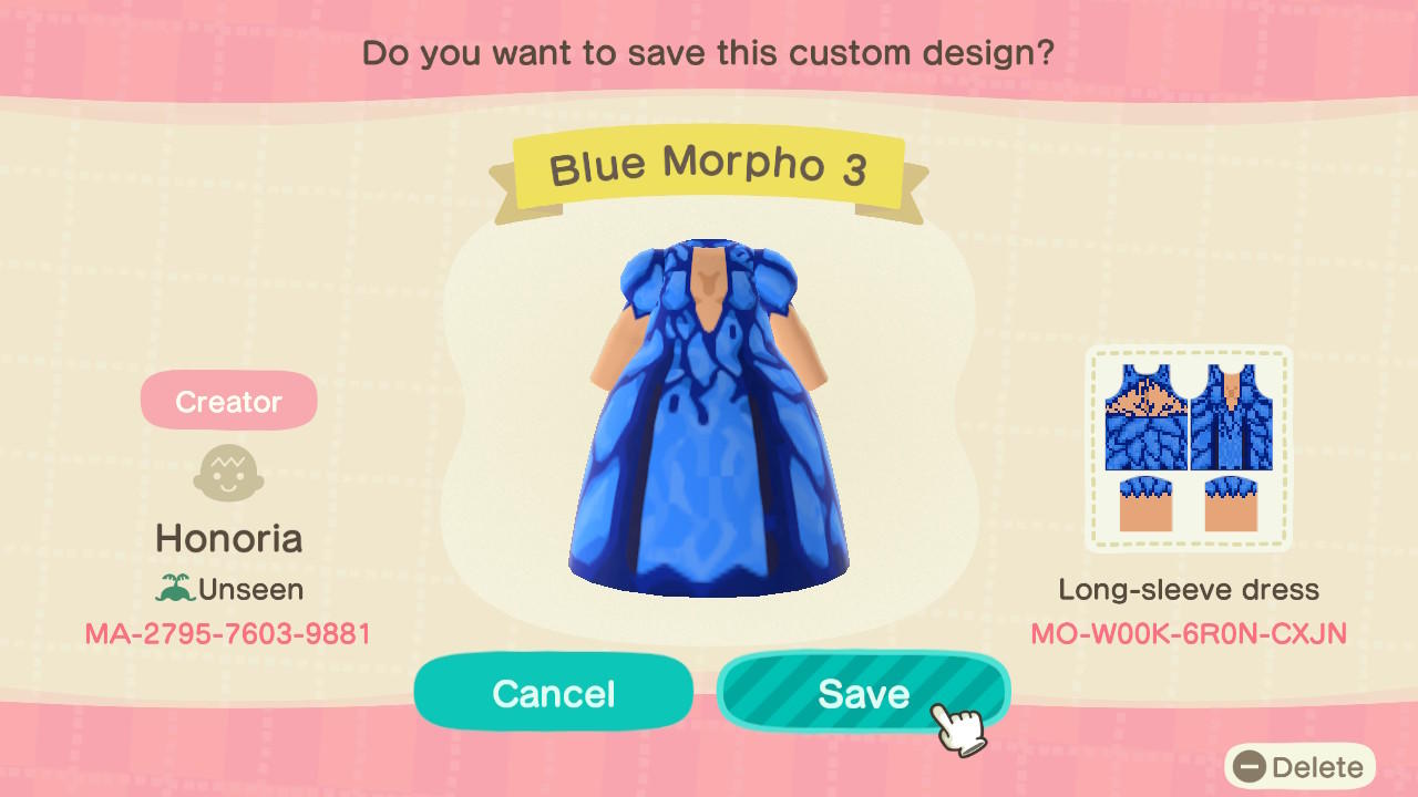 Animal Crossing Design Code: MO-W00K-6R0N-CXJN Blue Morpho 3