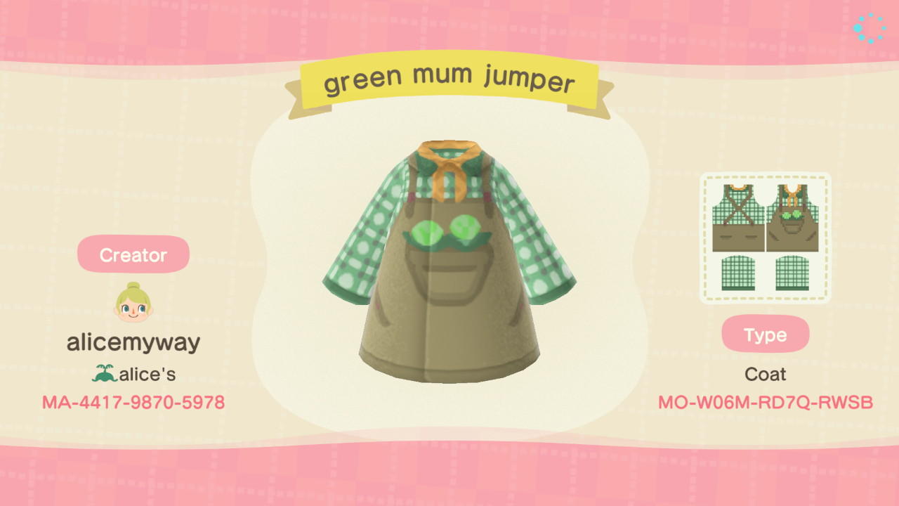 Animal Crossing Design Code: MO-W06M-RD7Q-RWSB Green Mum jumper