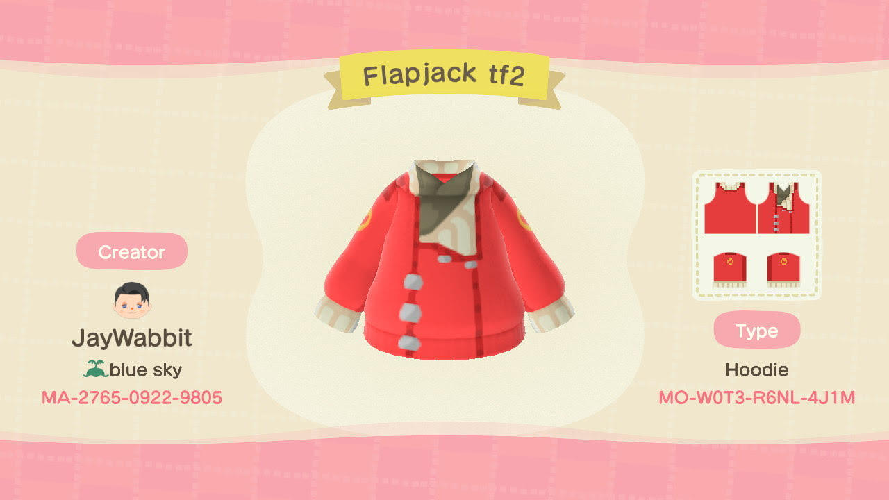 Animal Crossing Design Code: MO-W0T3-R6NL-4J1M Tf2 Flapjack red
