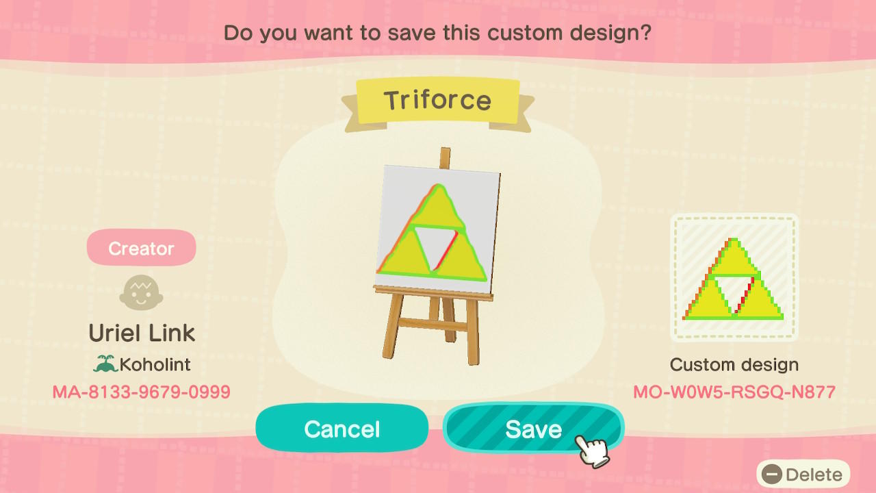 Animal Crossing Design Code: MO-W0W5-RSGQ-N877 Triforce