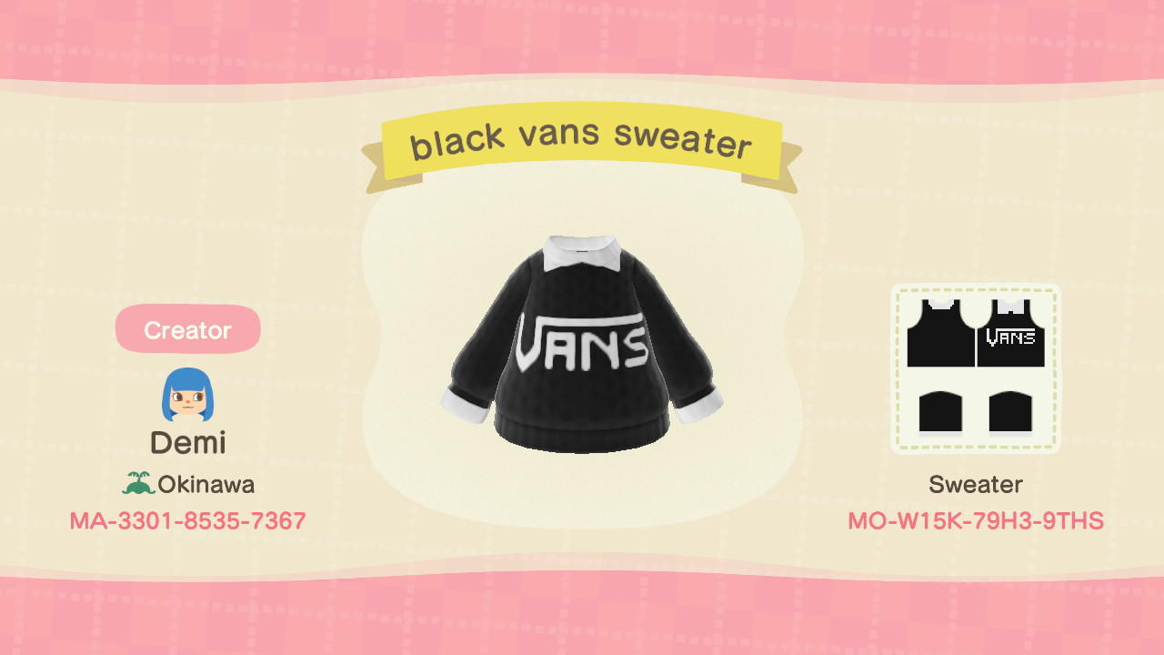 Animal Crossing Design Code: MO-W15K-79H3-9THS Black Vans Sweather