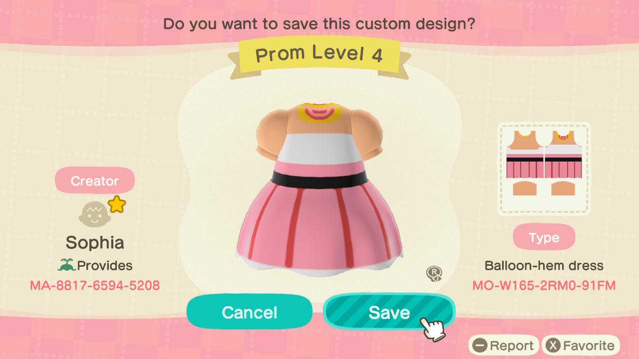 Animal Crossing Design Code: MO-W165-2RM0-91FM Prom Level 4