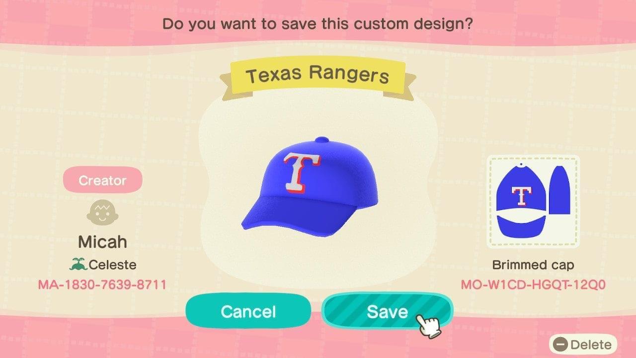 Animal Crossing Design Code: MO-W1CD-HGQT-12Q0 Texas Rangers