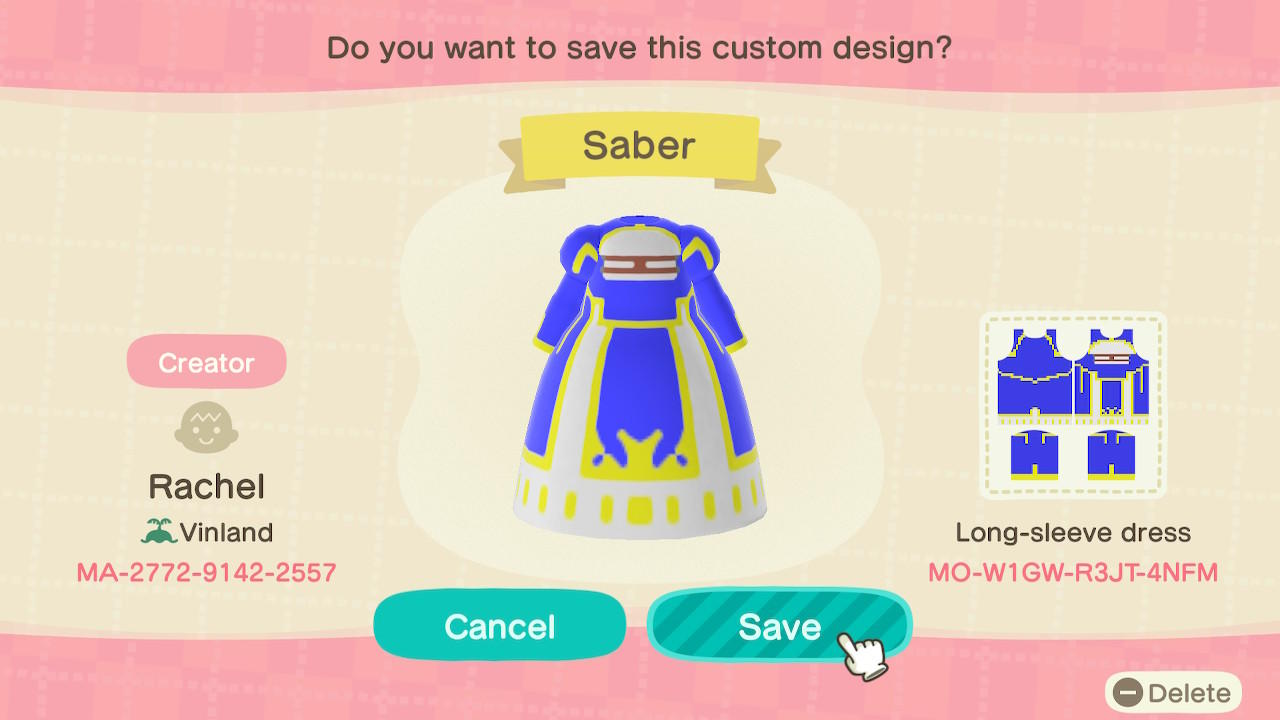 Animal Crossing Design Code: MO-W1GW-R3JT-4NFM Saber