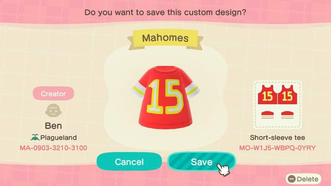 Animal Crossing Design Code: MO-W1J5-WBPQ-0YRY Mahomes