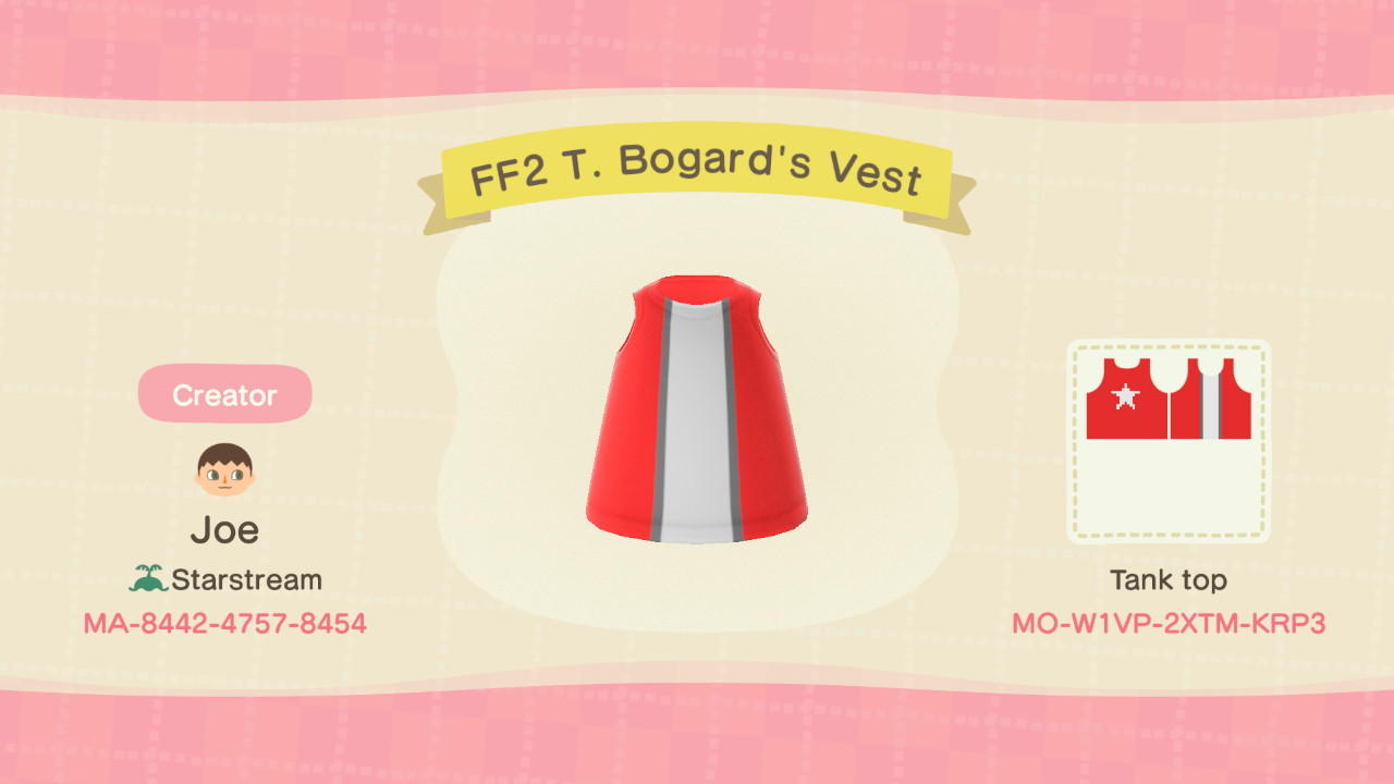 Animal Crossing Design Code: MO-W1VP-2XTM-KRP3 FF2 T Bogards Vest