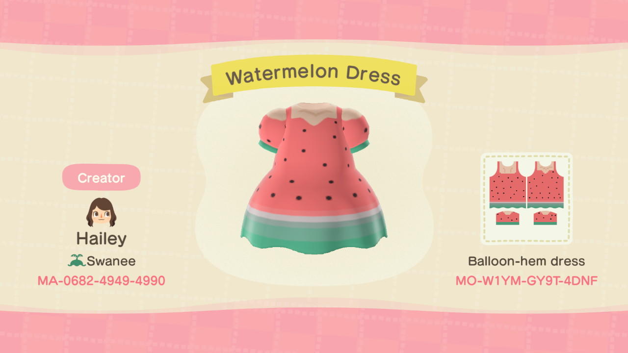 Animal Crossing Design Code: MO-W1YM-GY9T-4DNF Watermelon Dress