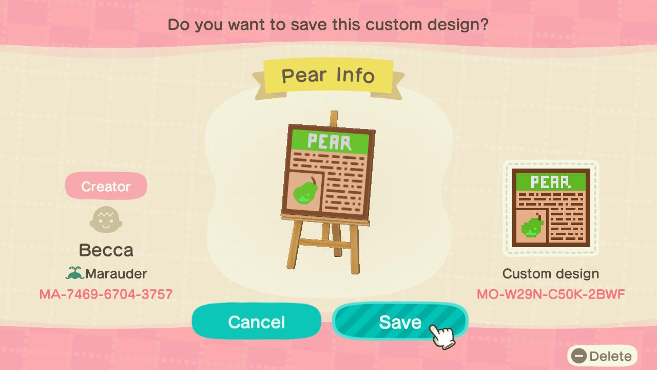 Animal Crossing Design Code: MO-W29N-C50K-2BWF Pear Info