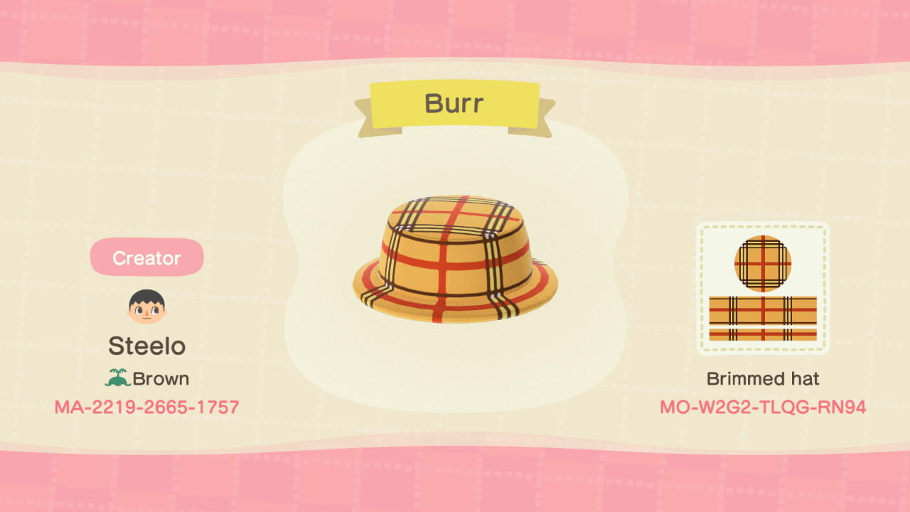 Animal Crossing Design Code: MO-W2G2-TLQG-RN94 Burberry Hat