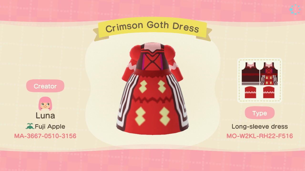 Animal Crossing Design Code: MO-W2KL-RH22-F516 Crimson Goth Dress