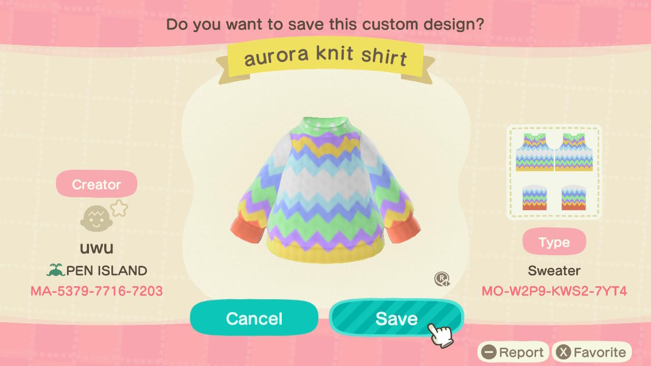 Animal Crossing Design Code: MO-W2P9-KWS2-7YT4 aurora knit shirt