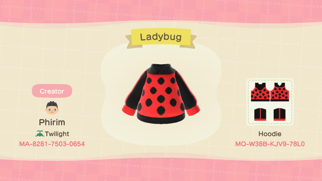 Animal Crossing Design Code: MO-W38B-KJV9-78L0 Ladybug Hoodie