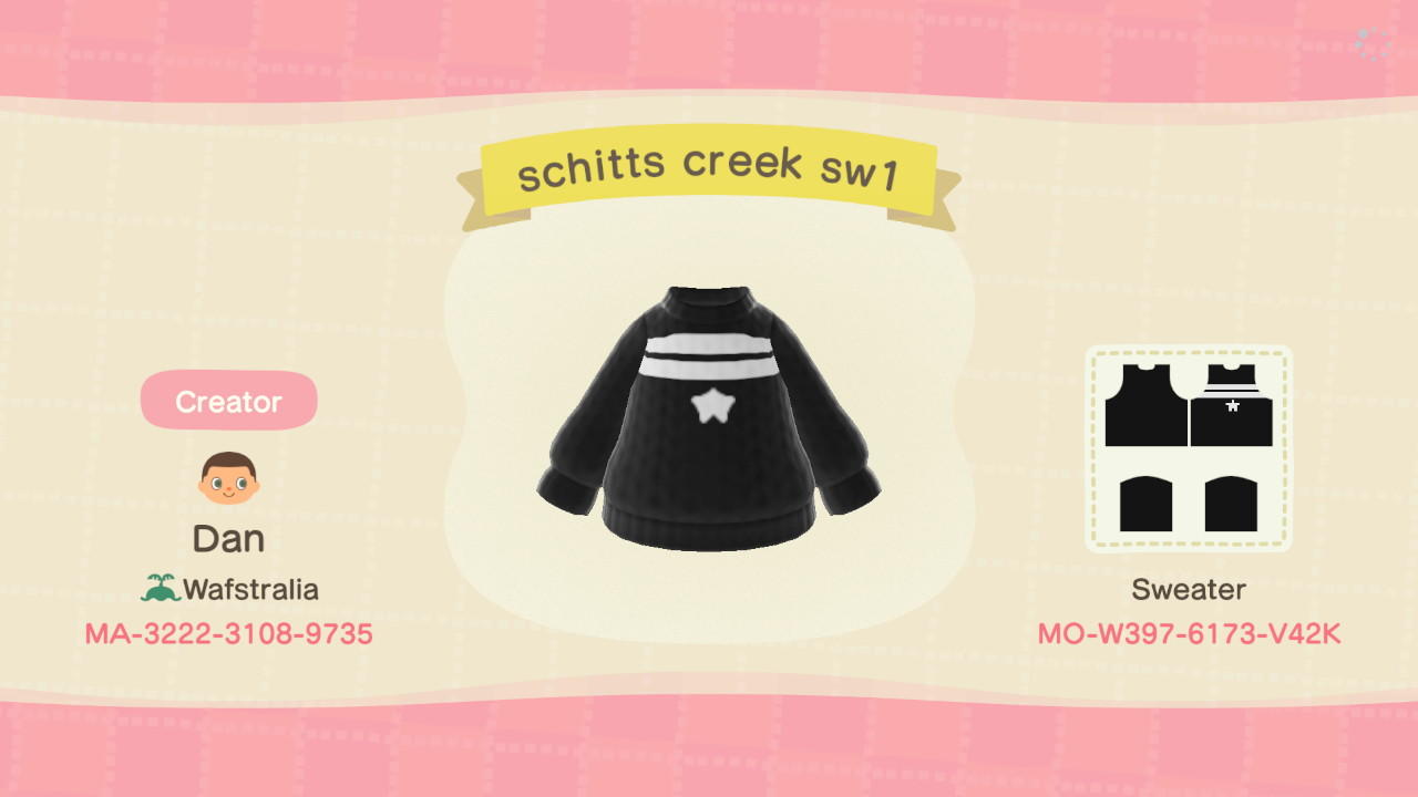 Animal Crossing Design Code: MO-W397-6173-V42K Schitts Creek Sw1