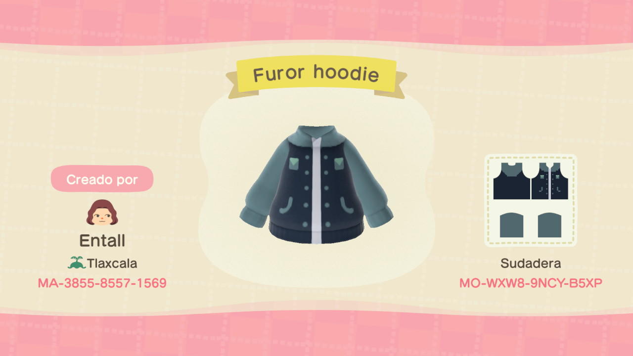 Animal Crossing Design Code: MO-W3BG-92NT-32BL Furor Hoodie