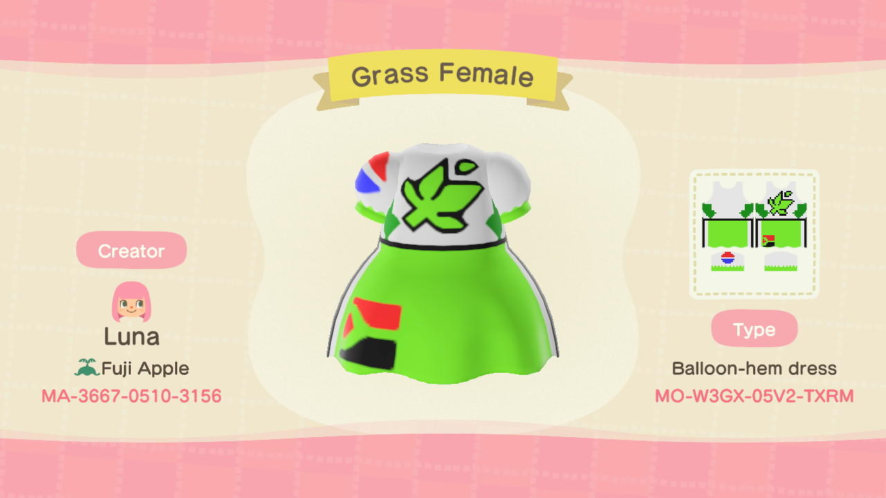 Animal Crossing Design Code: MO-W3GX-05V2-TXRM Grass Female