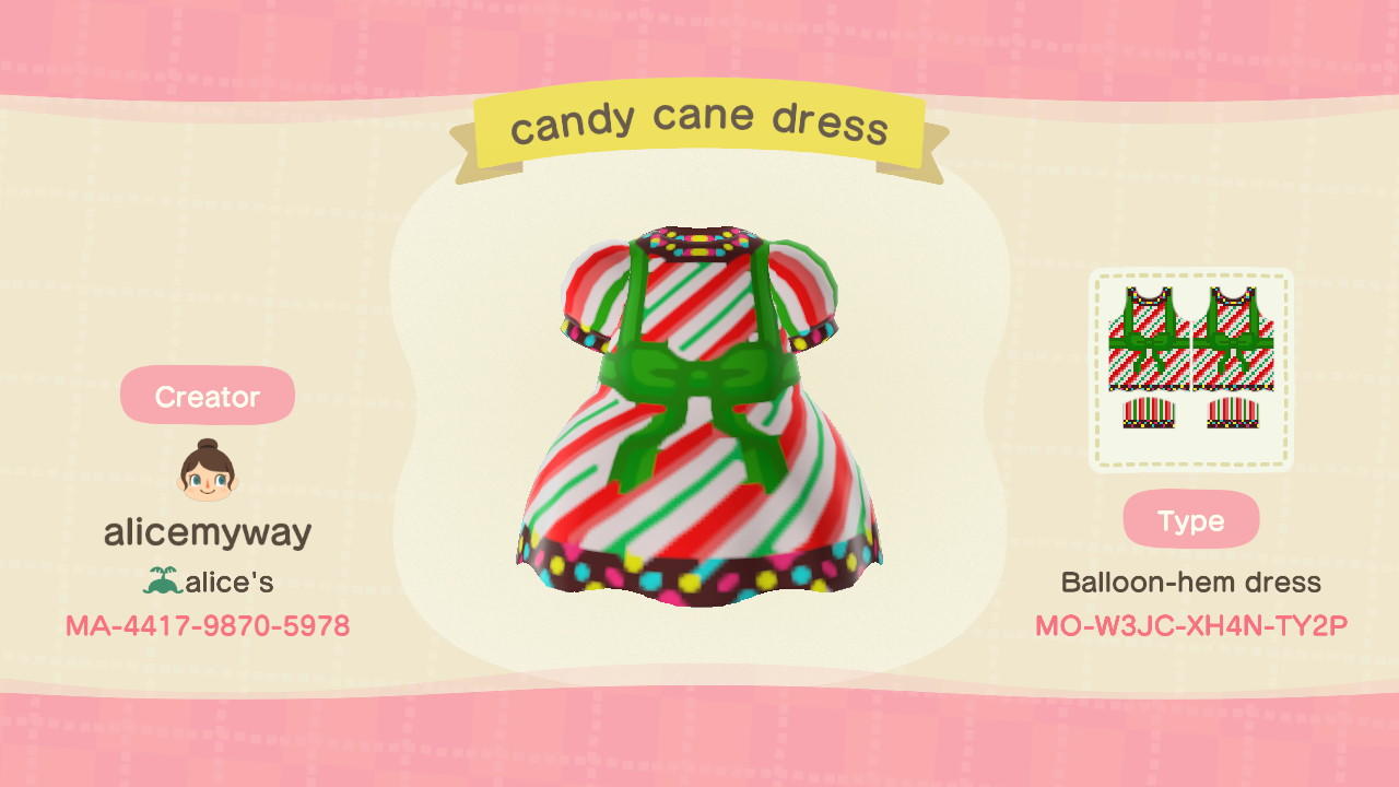 Animal Crossing Design Code: MO-W3JC-XH4N-TY2P Candy Cane Dress