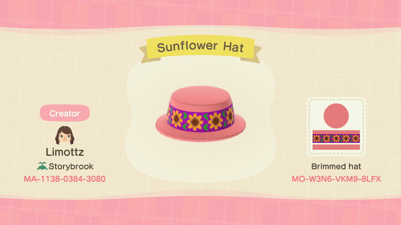 Animal Crossing Design Code: MO-W3N6-VKM9-8LFX Sunflower Hat