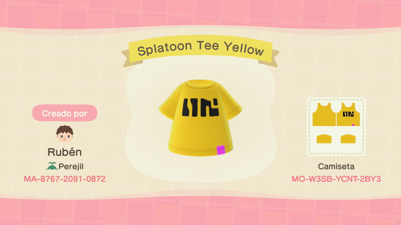 Animal Crossing Design Code: MO-W3SB-YCNT-2BY3 Splatoon Tee Yellow