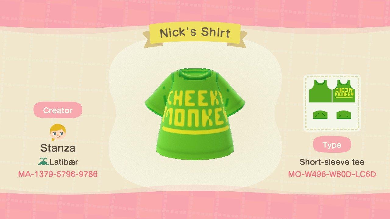 Animal Crossing Design Code: MO-W496-W80D-LC6D Nick's Shirt