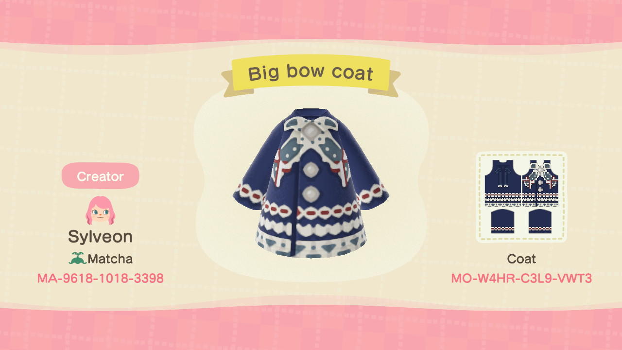 Animal Crossing Design Code: MO-W4HR-C3L9-VWT3 Big bow navy coat