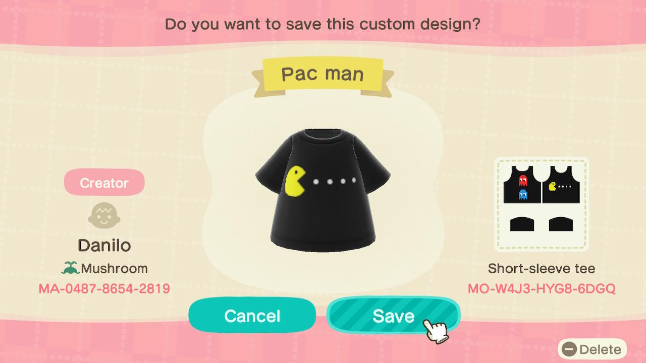 Animal Crossing Design Code: MO-W4J3-HYG8-6DGQ Pac man