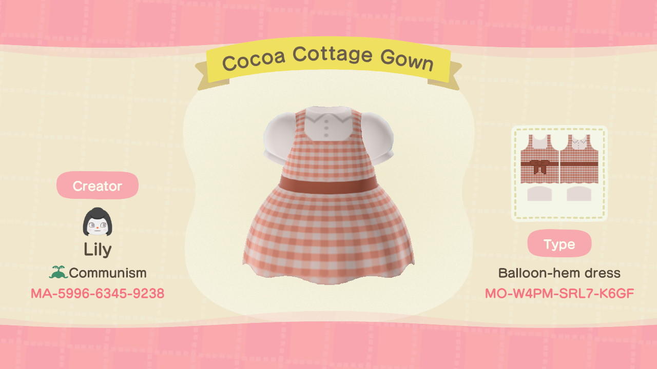 Animal Crossing Design Code: MO-W4PM-SRL7-K6GF Cocoa Cottage Gown