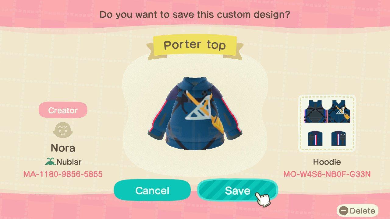 Animal Crossing Design Code: MO-W4S6-NB0F-G33N Sam Porter Top
